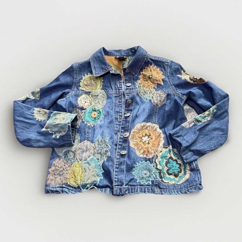 Vintage West End Embroidered Denim Jacket Floral Petite PS Blue Boho